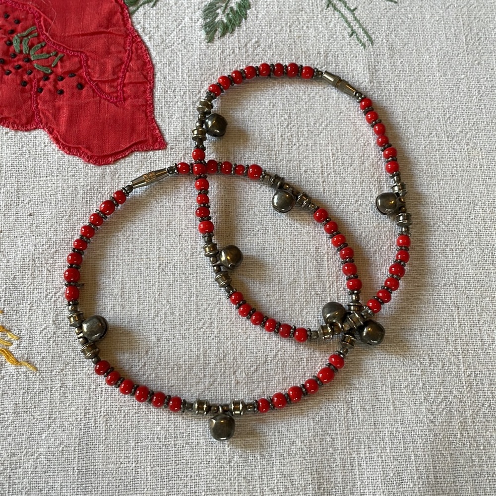 Pair of ankle bracelets/anklets, red and silver beads, with little jingle bells
